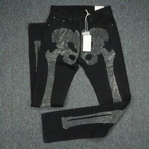 Mnml Jeans Mens 31x36 Black Skeleton Denim Rhinestone Crystal Goth Streetwear